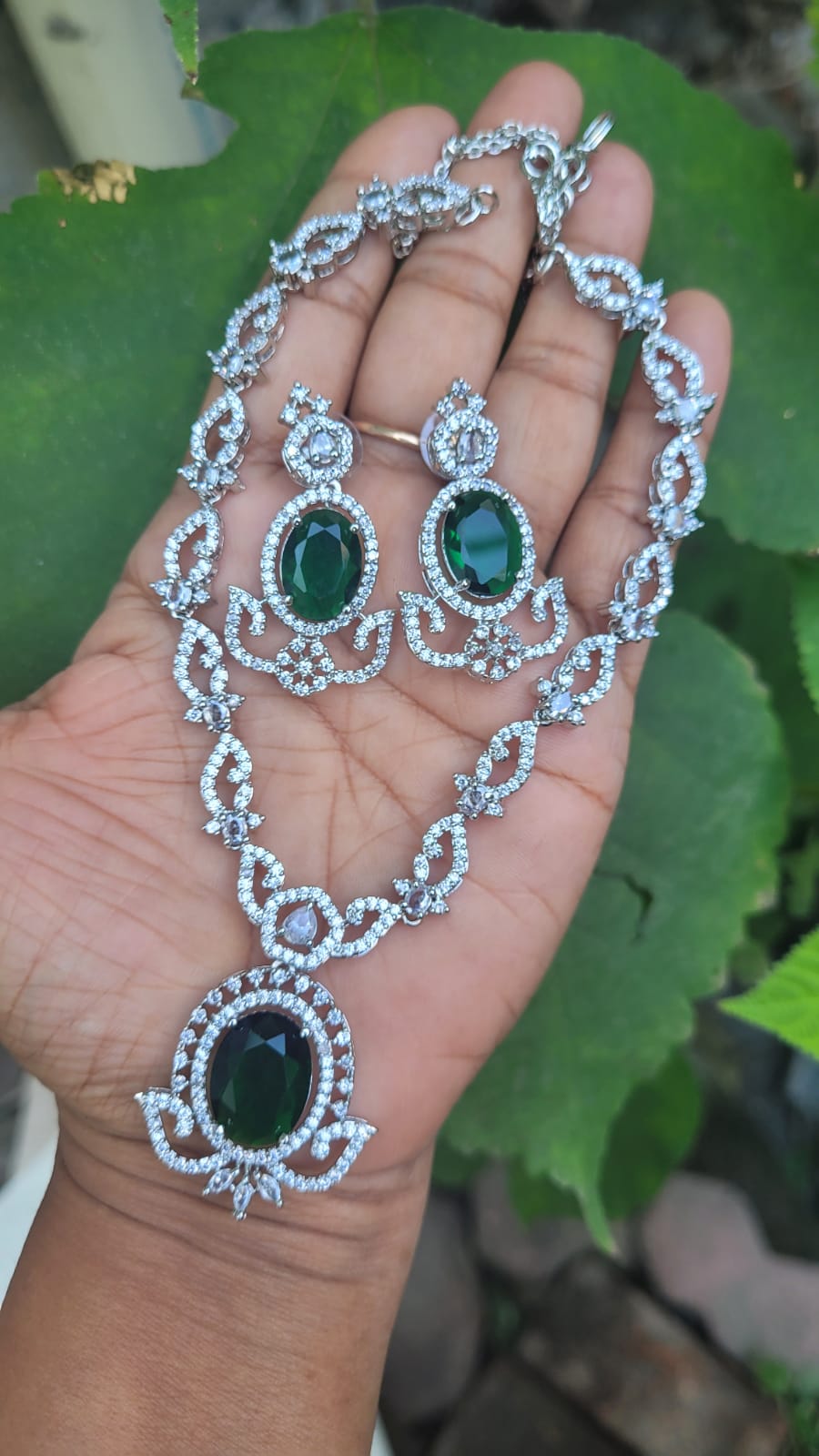 Emerald Green Diamond Necklace set Gemzlane - Main Image
