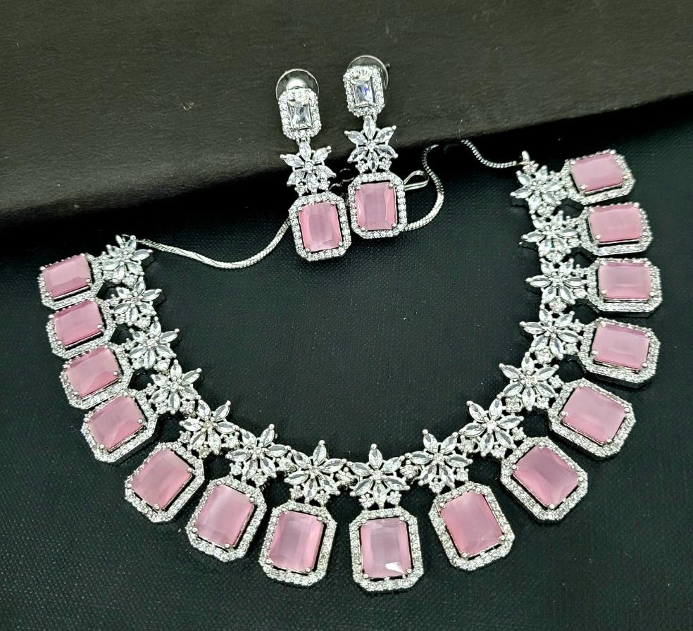 Pink cz stone American diamond Necklace set Gemzlane