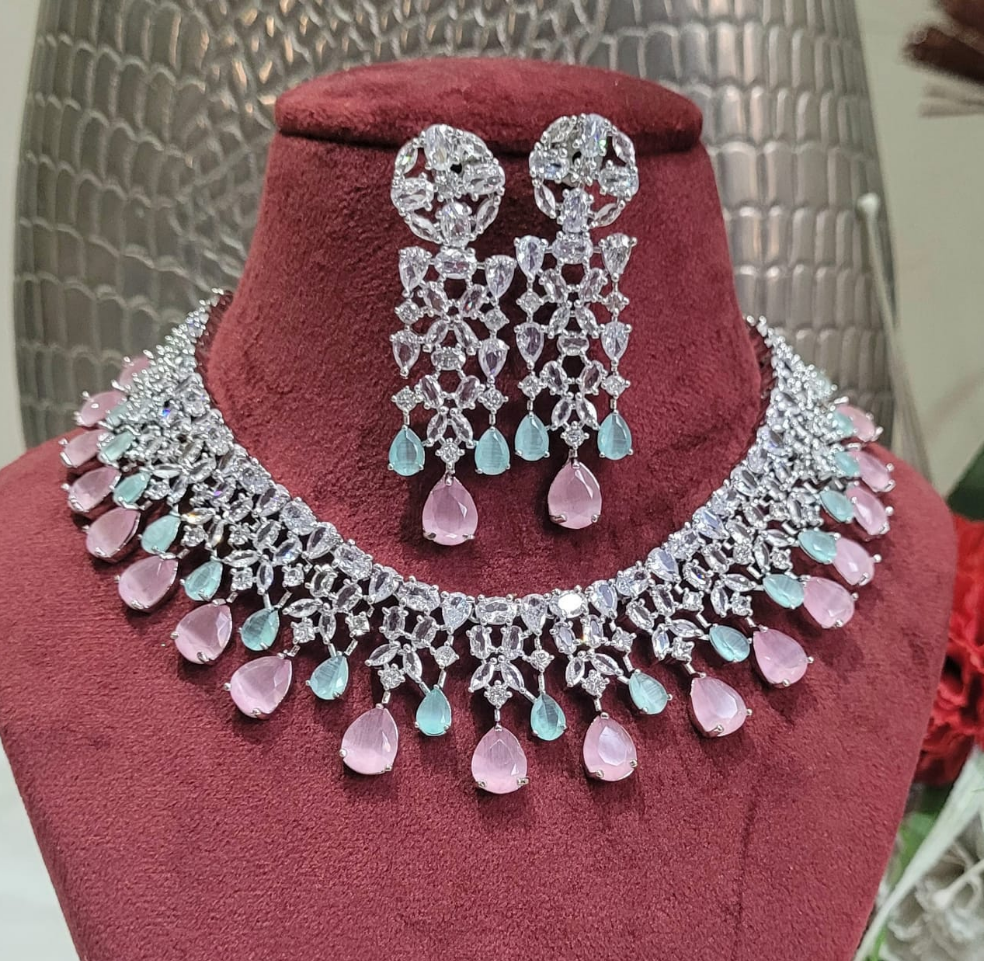 Pink and 2025 silver necklace set