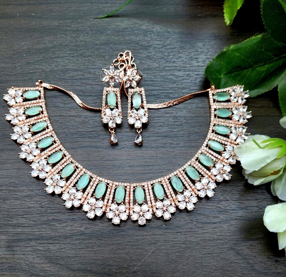 Gemzlane Rosegold Mint green cz American diamond Necklace set Gemzlane