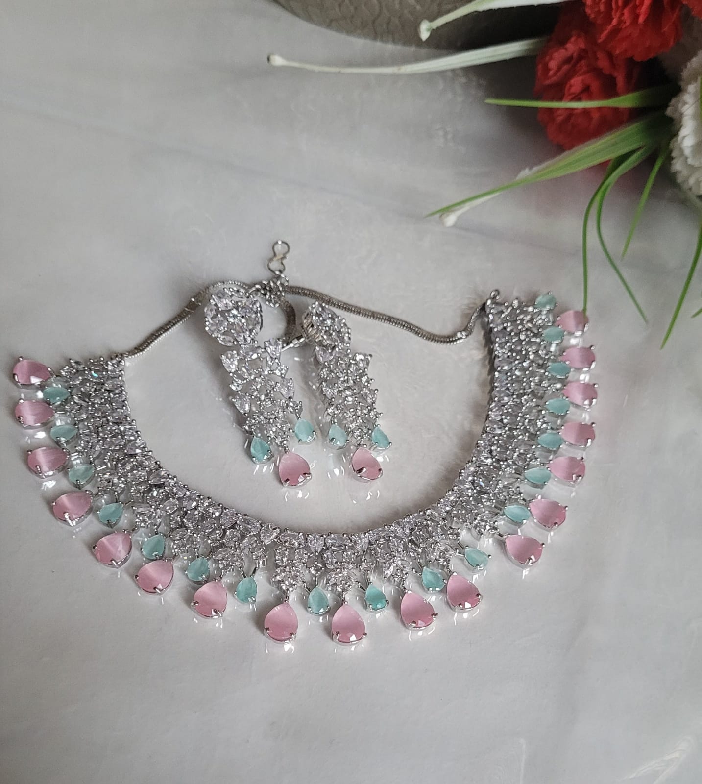 Priyanka Pink mint green cz Silver plated Diamond Necklace set