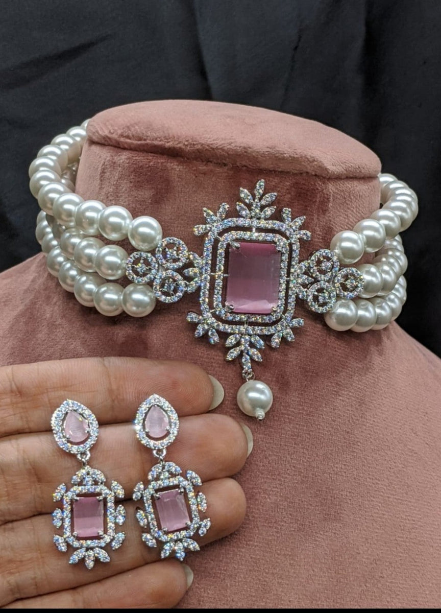 Pearl Pink Choker Diamond Necklace Set Gemzlane1