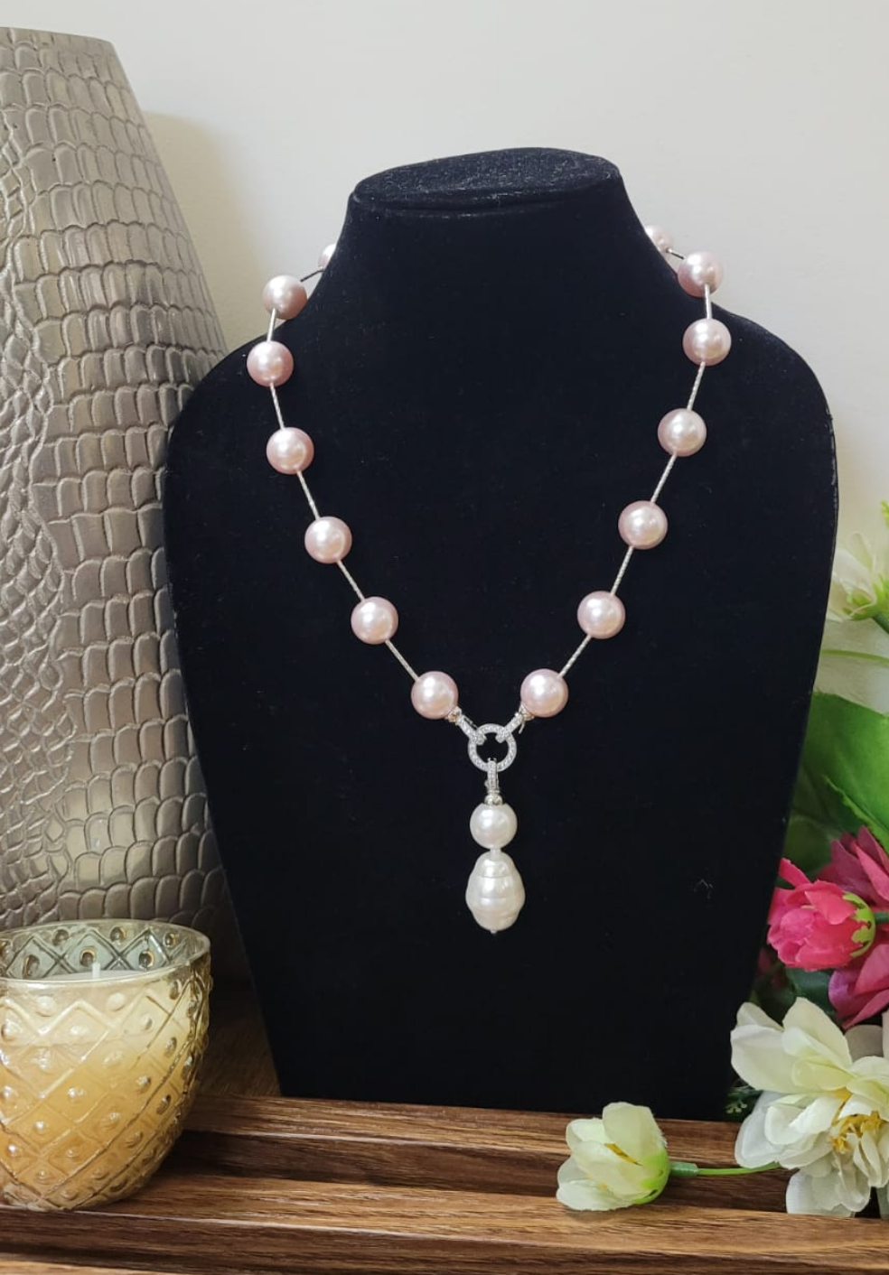 Designer Peach Pearl Beaded Necklace