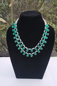 Natural Emerald Green Drops and Precious pearls Double Layered necklace set