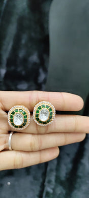 Emerald kundan Polki diamond Oval Studs Earrings