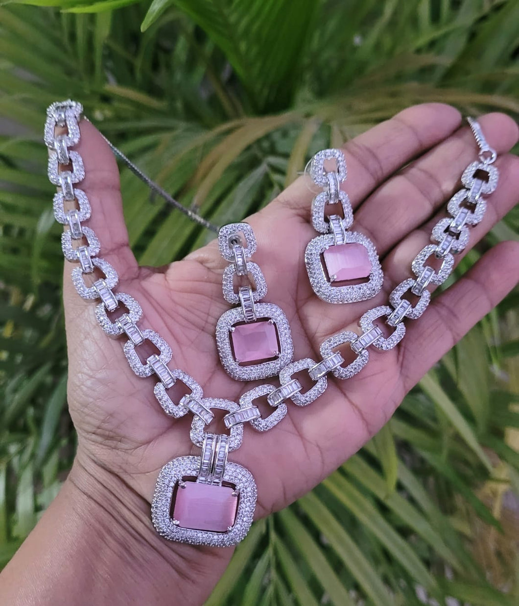 Shradha Pink Silver Cubic zirconia diamond Necklace set
