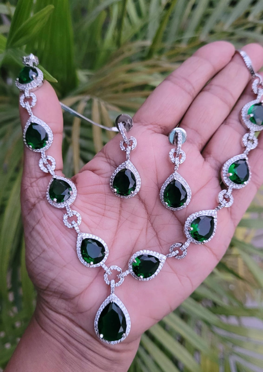 Jahnvi Green Silver Cubic zirconia diamond Necklace set