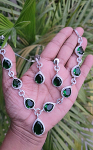 Jahnvi Green Silver Cubic zirconia diamond Necklace set
