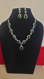 Jahnvi Green Silver Cubic zirconia diamond Necklace set