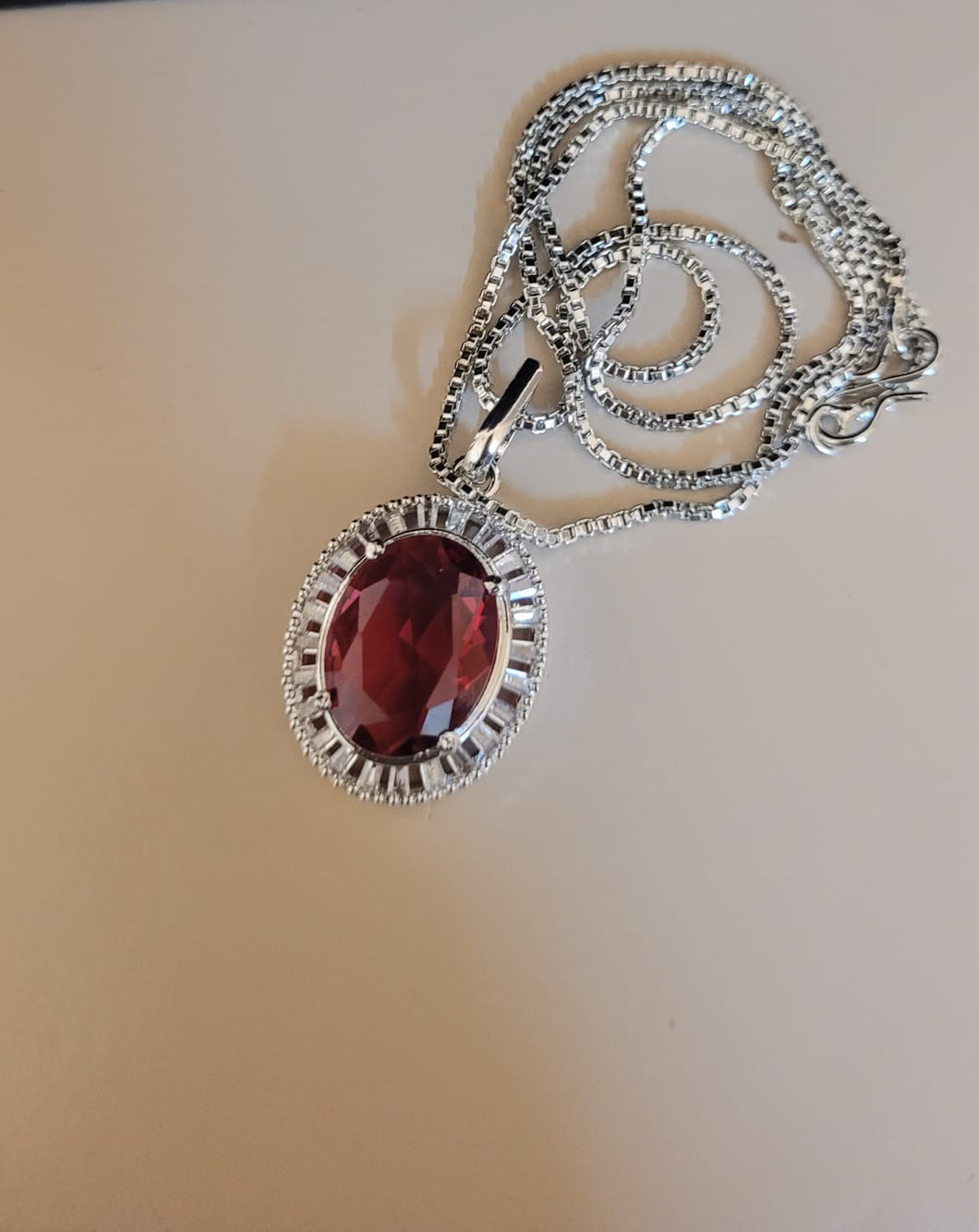 Red Stone Oval Diamond Pendant Necklace with chain