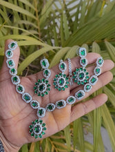 Load image into Gallery viewer, Aditi Green Cubic zirconia  Diamond Necklace set with maangtikka