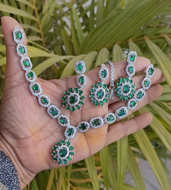 Aditi Green Cubic zirconia  Diamond Necklace set with maangtikka