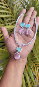 Khushi Pink mintgreen Cubic zirconia Diamond Necklace set