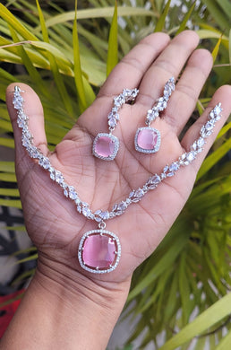 Nissa Pink Cubic zirconia Diamond Necklace set