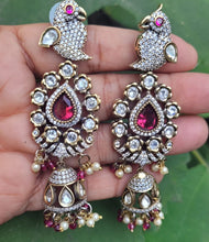 Load image into Gallery viewer, Peacock Red Polki Dangler Earrings