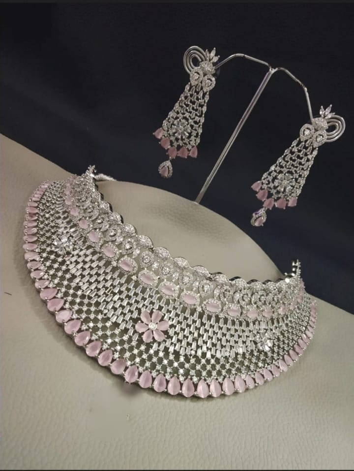 Gemzlane Pink  Choker Diamond Necklace Set