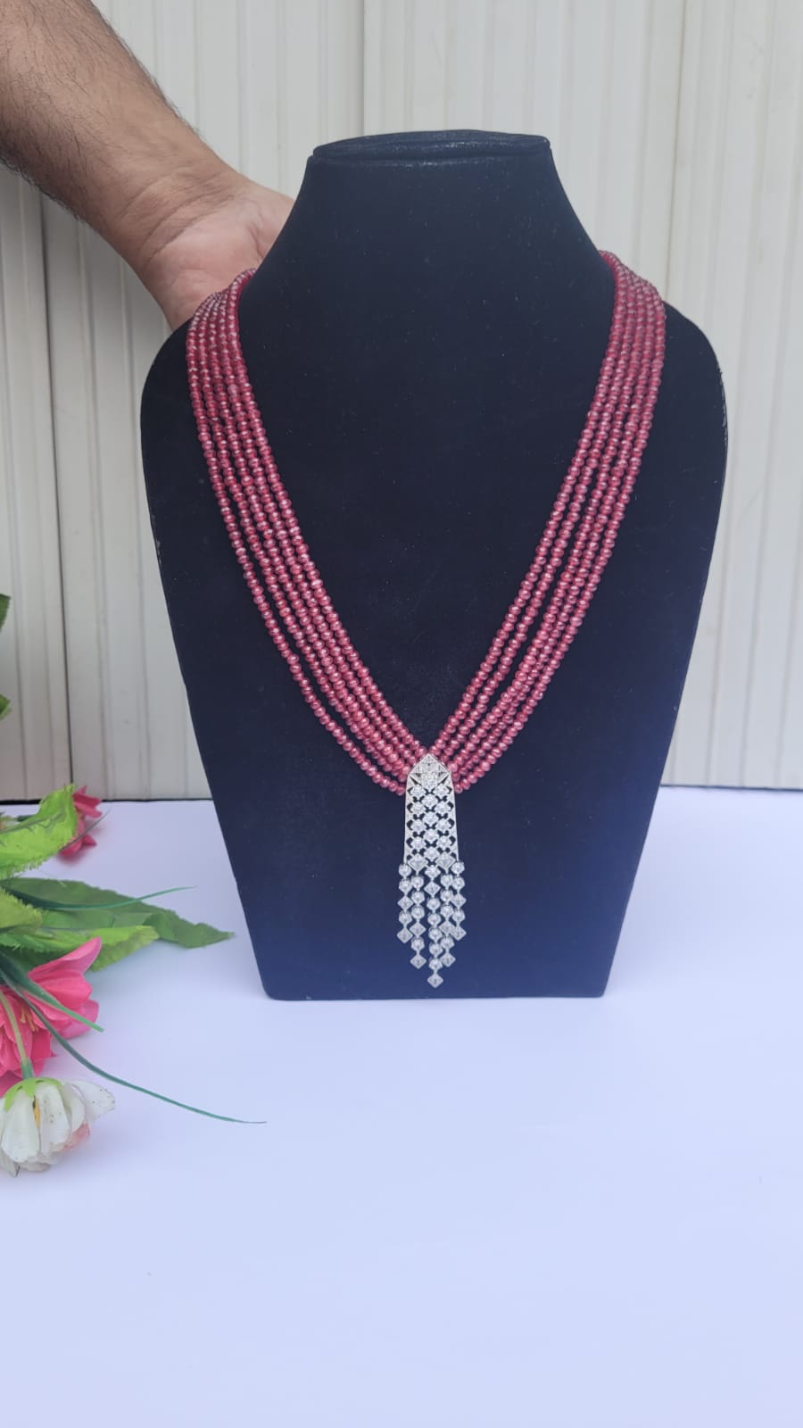Red Long Beaded Diamond Pendant Necklace
