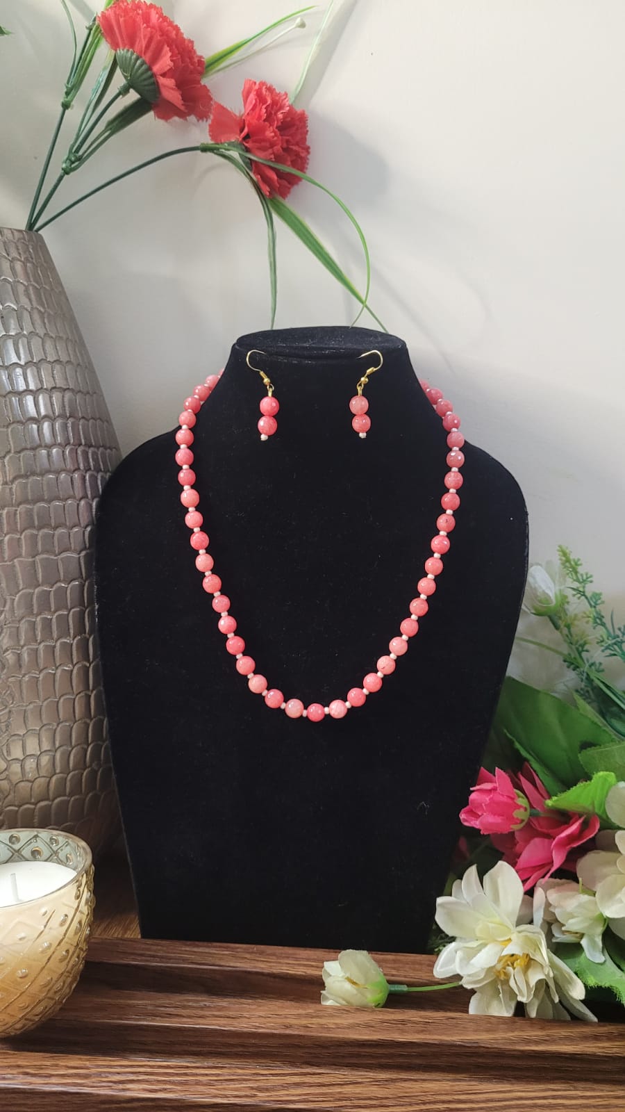 Peach Gemstone Beaded Necklace set