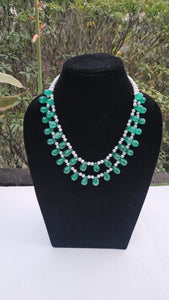 Natural Emerald Green Drops and Precious pearls Double Layered necklace set