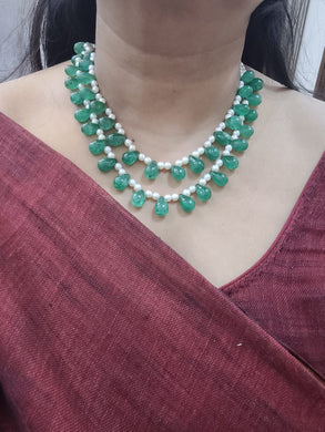 Natural Emerald Green Drops and Precious pearls Double Layered necklace set