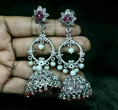 Gemzlane oxidized ethnic long pearl earrings