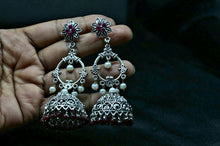 Load image into Gallery viewer, Gemzlane oxidized ethnic long pearl earrings
