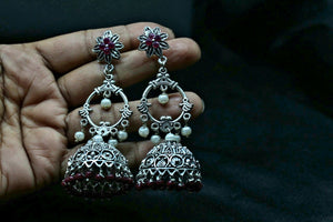 Gemzlane oxidized ethnic long pearl earrings