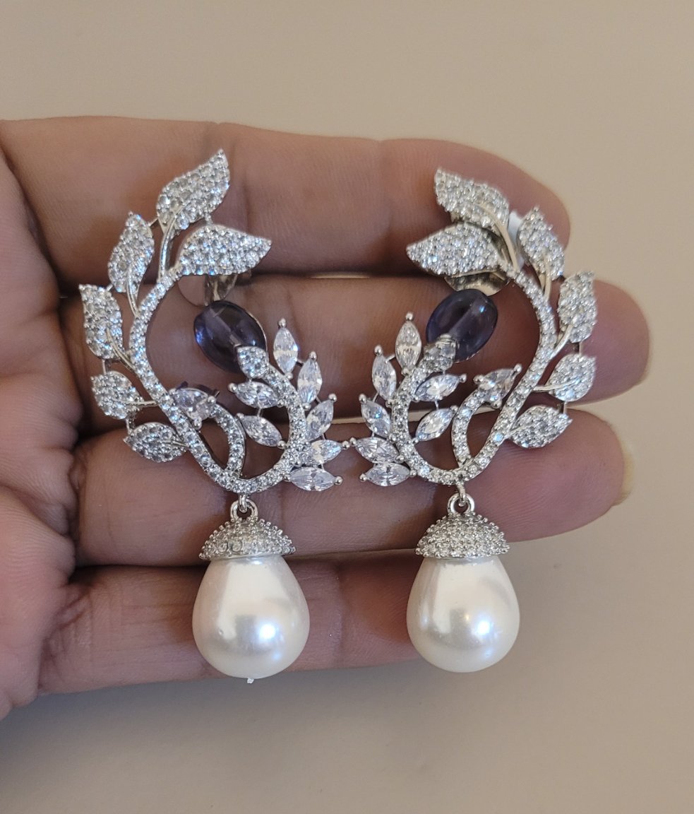 Purple Stone diamond Pearl Danglers  Earrings