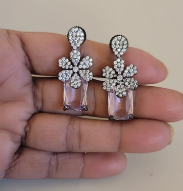 Floral Pink Stone Diamond Stud Earrings