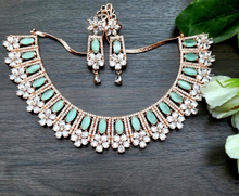 Load image into Gallery viewer, Gemzlane Rosegold  Mint green cz American  diamond Necklace set