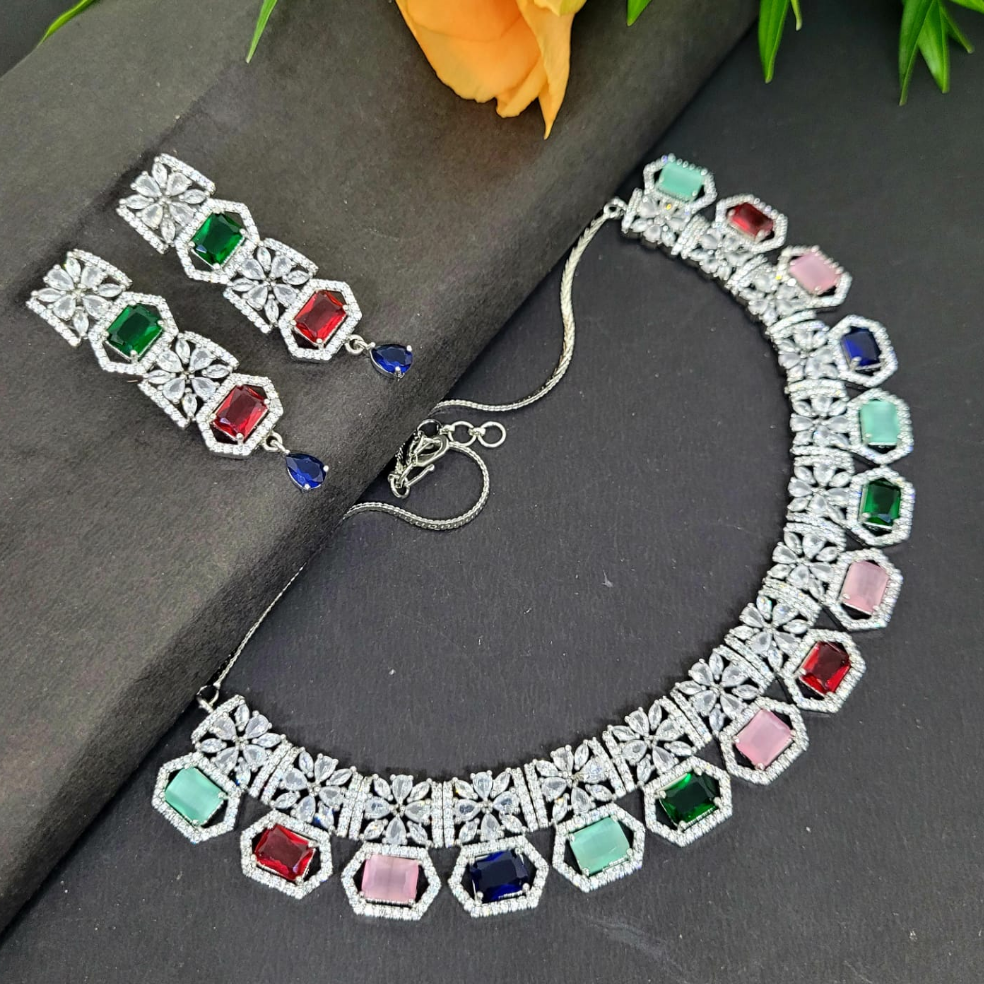 Natasha Multistone navratni Diamond Necklace  Set