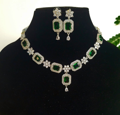 Green Floral Silver plated American Diamond Necklace set