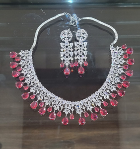 Priyanka Red Silver plated Cubic zirconia Diamond Necklace set