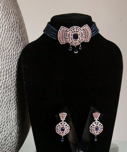 Ahana blue Rosegold plated choker diamond necklace set