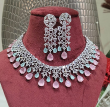 Load image into Gallery viewer, Priyanka Pink mint green cz  Silver plated Diamond Necklace set