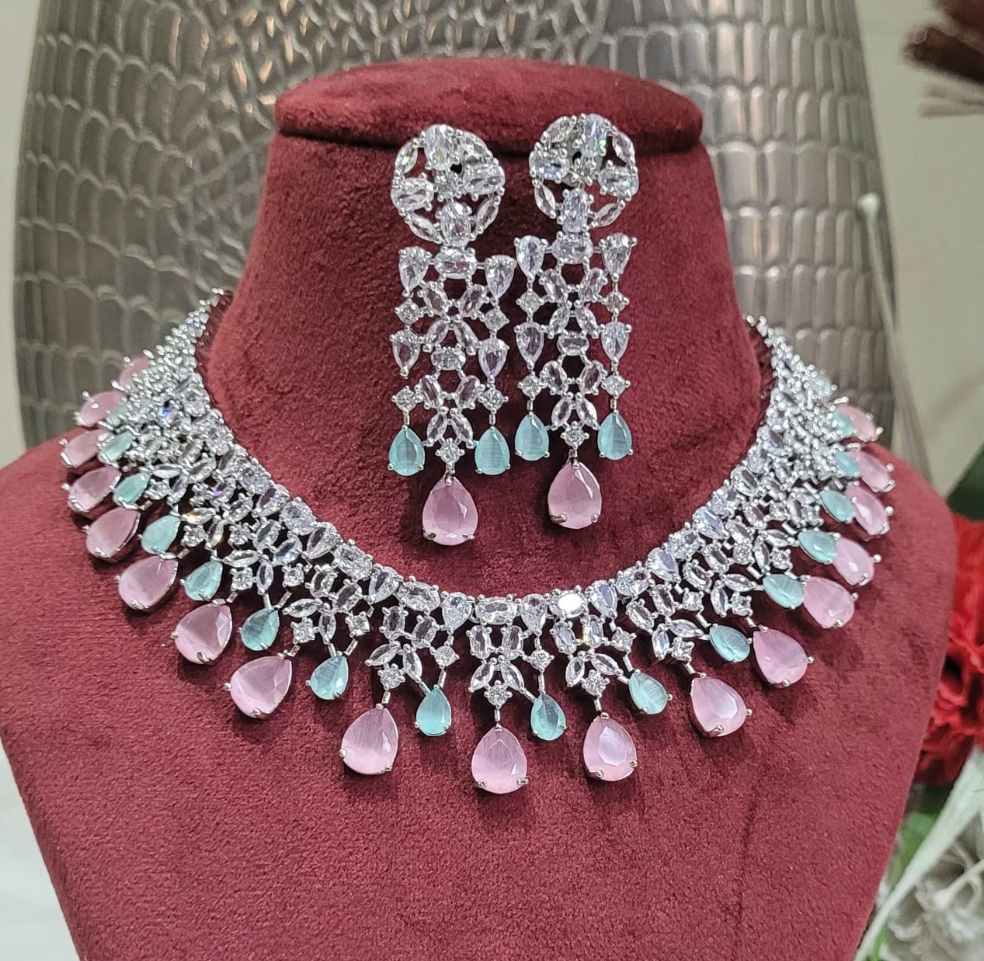 Priyanka Pink mint green cz  Silver plated Diamond Necklace set