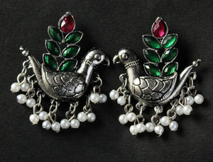 Gemzlane  oxidized peacock pearls danglers earrings for women and girls - Gemzlane