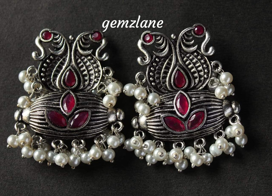 Gemzlane melodious pearls and red ruby embellished oxidized earrings for women and girls - Gemzlane