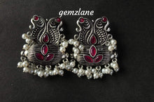 Load image into Gallery viewer, Gemzlane melodious pearls and red ruby embellished oxidized earrings for women and girls - Gemzlane