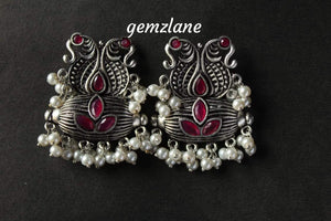 Gemzlane melodious pearls and red ruby embellished oxidized earrings for women and girls - Gemzlane