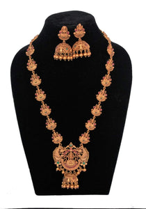 Mesmerizing South Temple jewellery long necklace set with jhumka - Gemzlane
