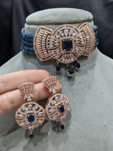 Load image into Gallery viewer, Ahana blue Rosegold plated choker diamond necklace set