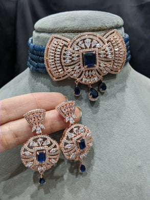 Ahana blue Rosegold plated choker diamond necklace set