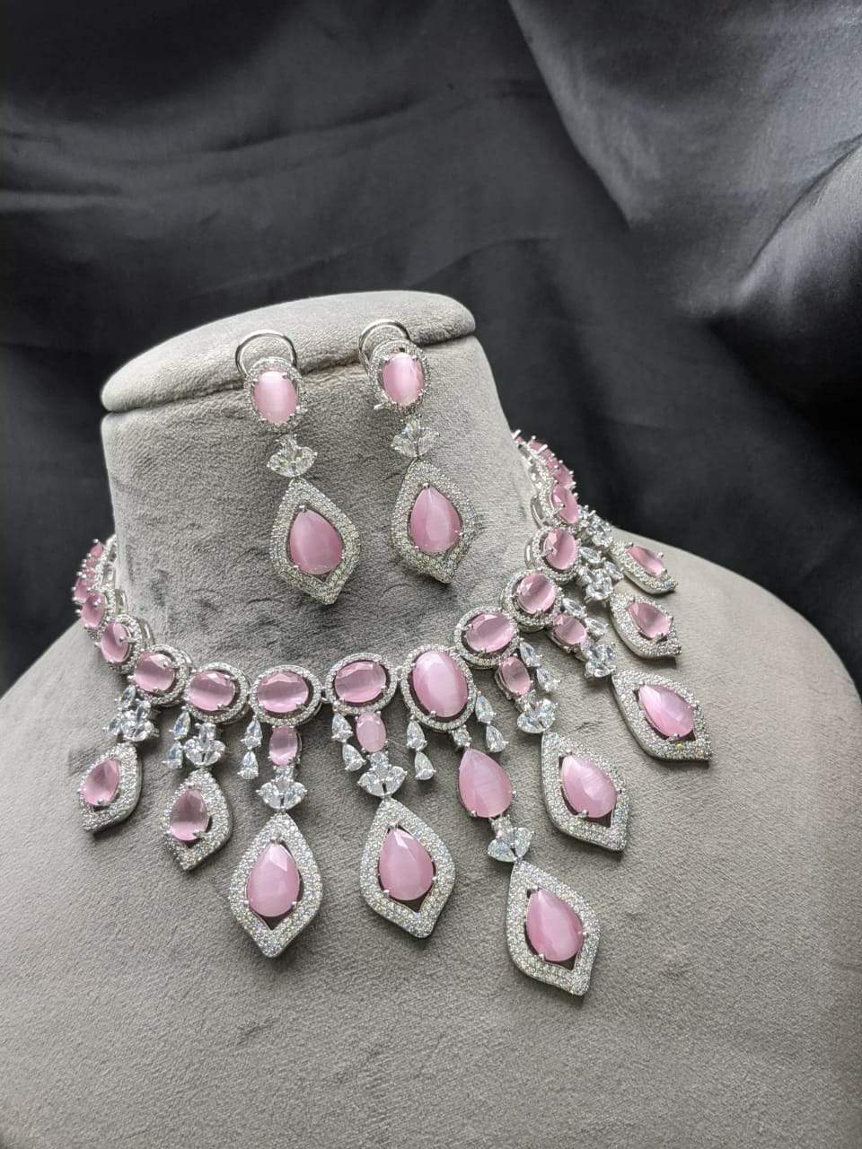 Deepshikha Light pink Silver plated Cubic zirconia Diamond Necklace set
