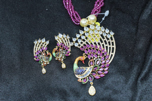 Gemzlane Peacock Beaded Pendant diamond Necklace Set