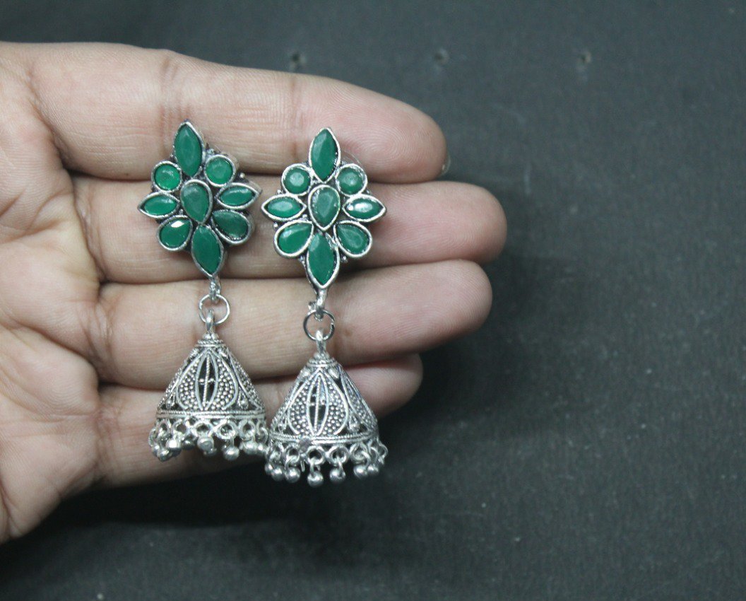 Gemzlane oxidized green stone embellished earrings