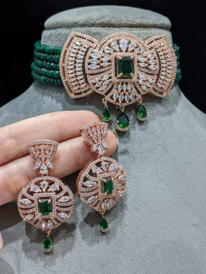 Ahana green Rosegold plated choker diamond necklace set