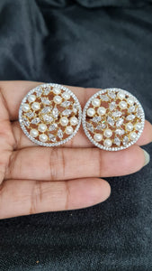 Circular diamond and pearls gold plated Studs Earrings