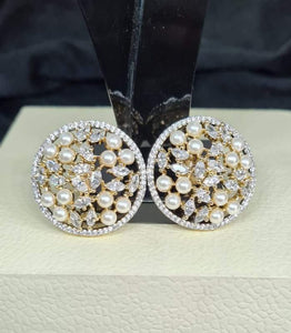Circular diamond and pearls gold plated Studs Earrings