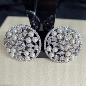 Circular diamond and pearls Silver plated Studs Earrings